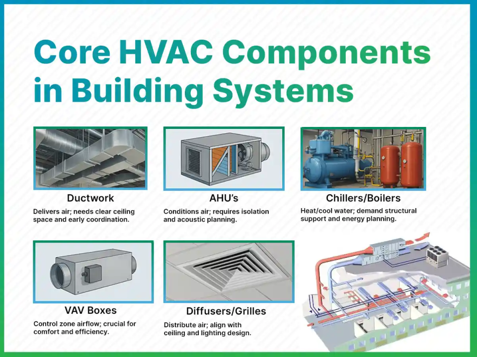 Diagram showing core HVAC components in modern building systems for energy-efficient heating, ventilation, and air conditioning design