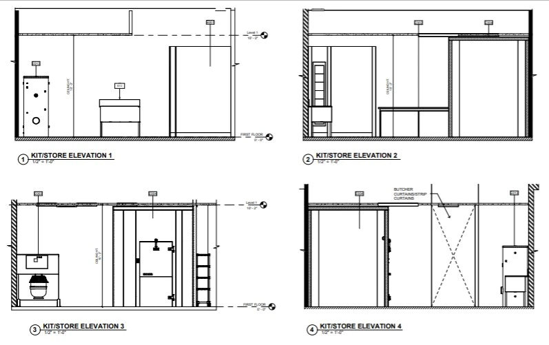 Detailed elevation drawings of Halal meat shop kitchen and storage areas – USA retail build‐out by Tejjy Inc. Halal Meat Shop Drawing Elevation Plans – Tejjy Inc. USA Retail Design