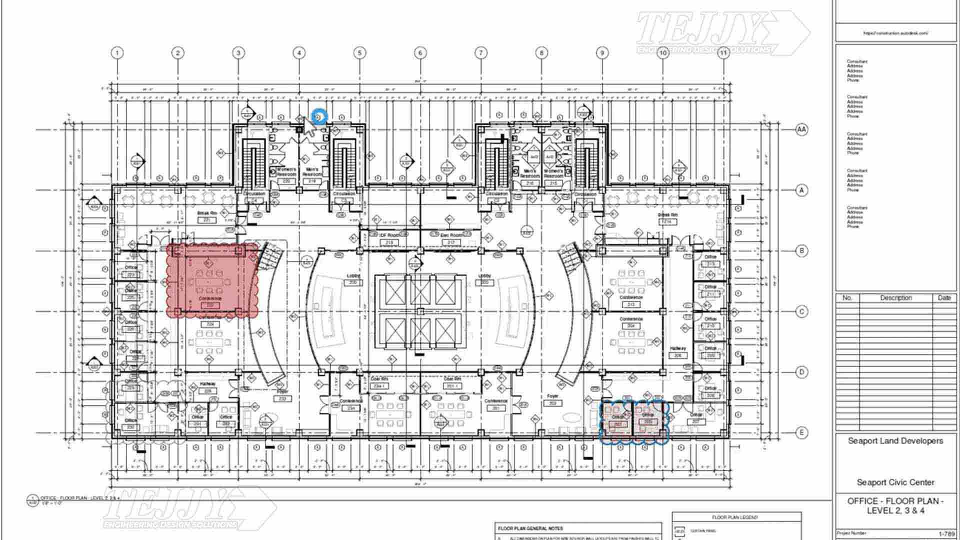 Tejjy construction document showing office floor plan with detailed room layout, furniture, and highlighted zones.