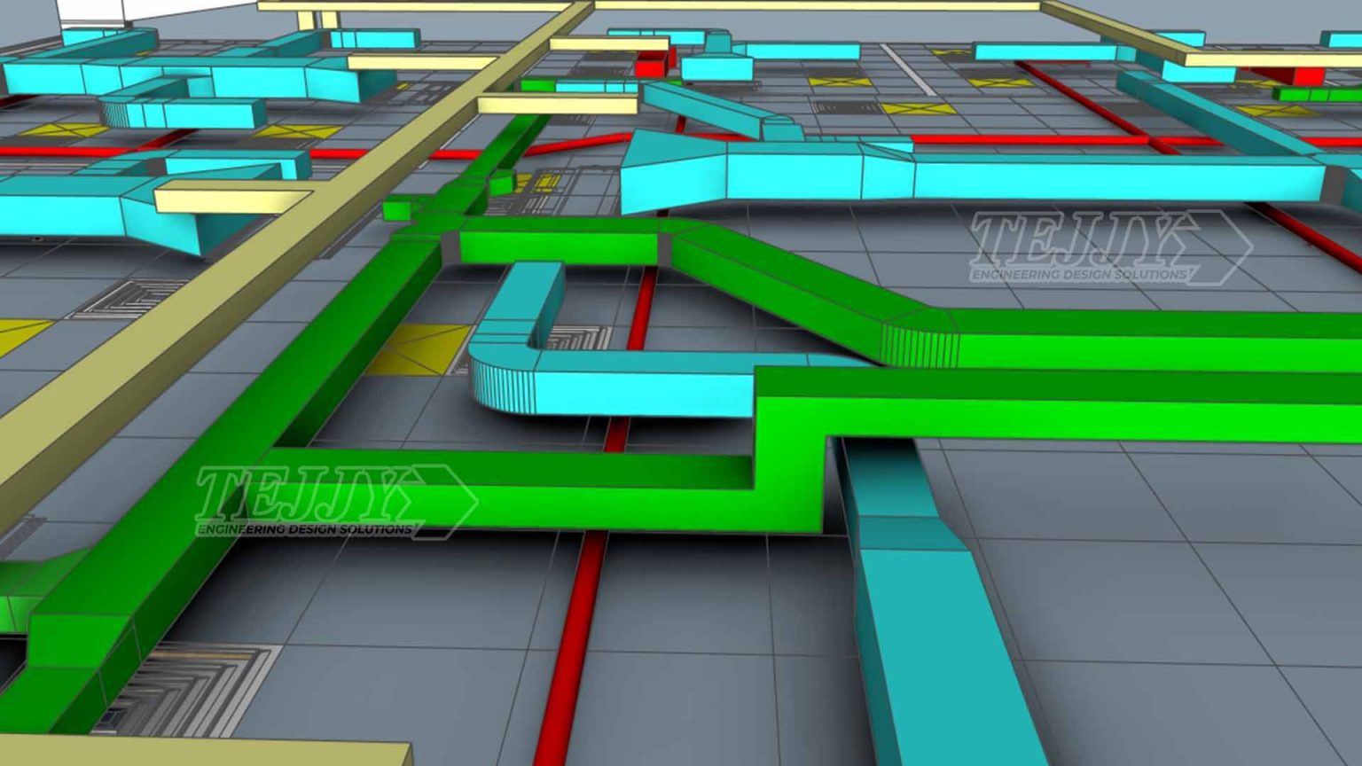 3D MEP model showcasing coordinated HVAC ductwork, electrical conduits, and plumbing lines in a building layout, created by Tejjy Inc. for clash-free construction planning.