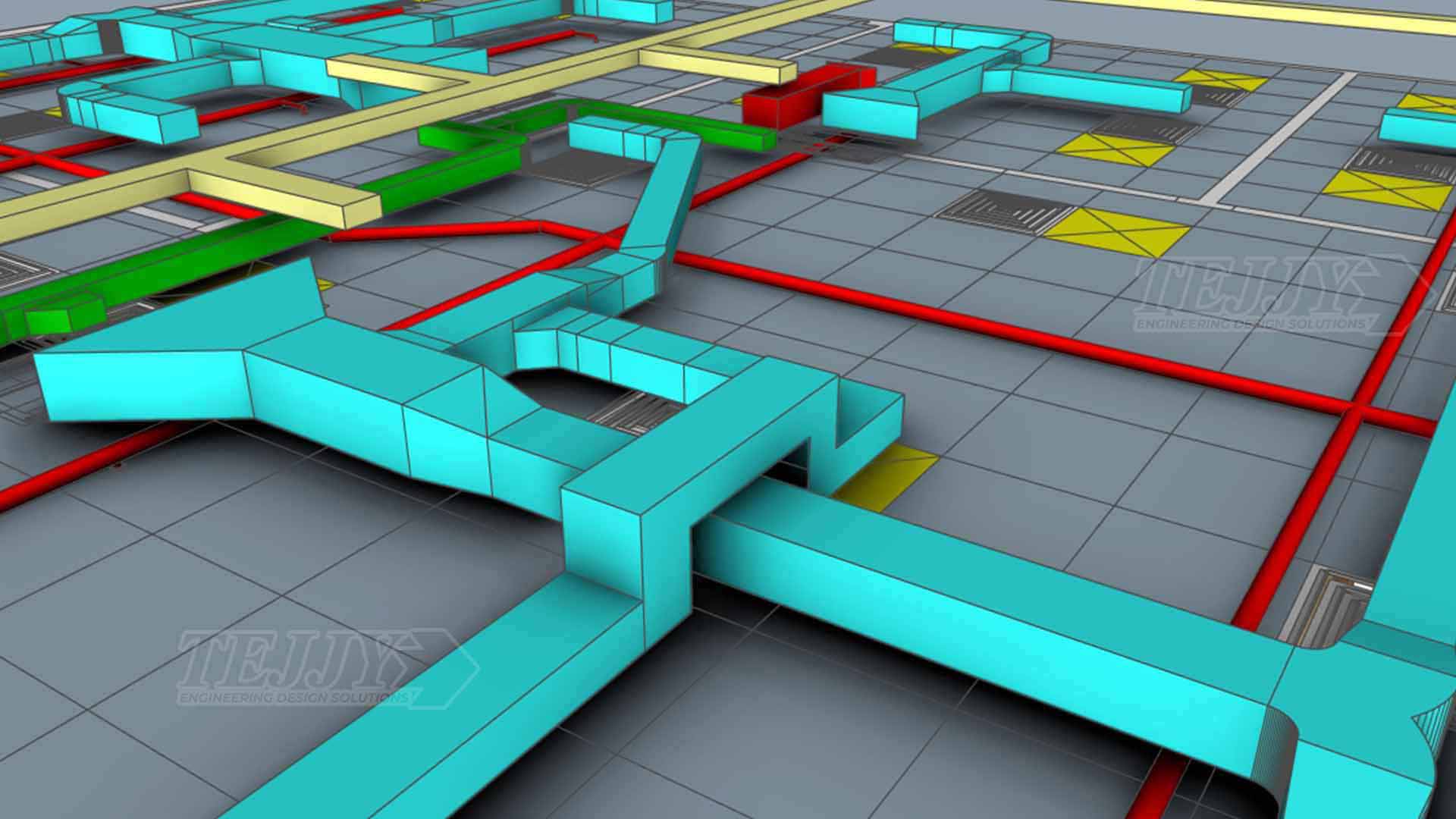 Tejjy MEP 3D modeling shows ductwork, piping, and conduits in a coordinated BIM layout for efficient building system design.