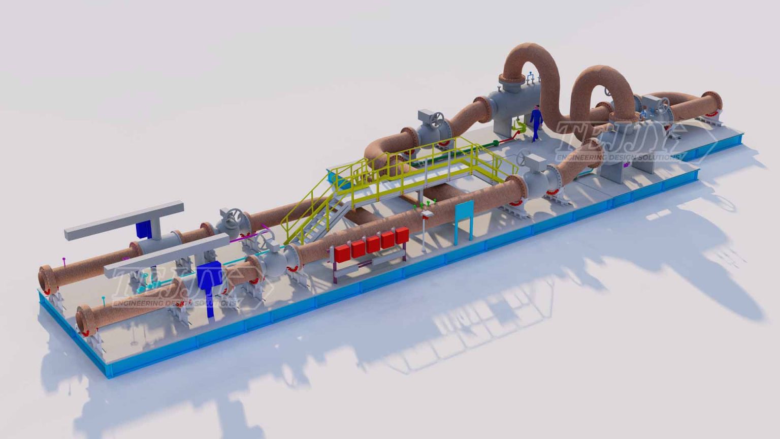 Comprehensive 3D MEP BIM model showcasing an industrial piping layout with mechanical, electrical, and plumbing elements, including pipelines, valves, platforms, and structural supports—designed for accurate coordination and clash detection by Tejjy Inc.