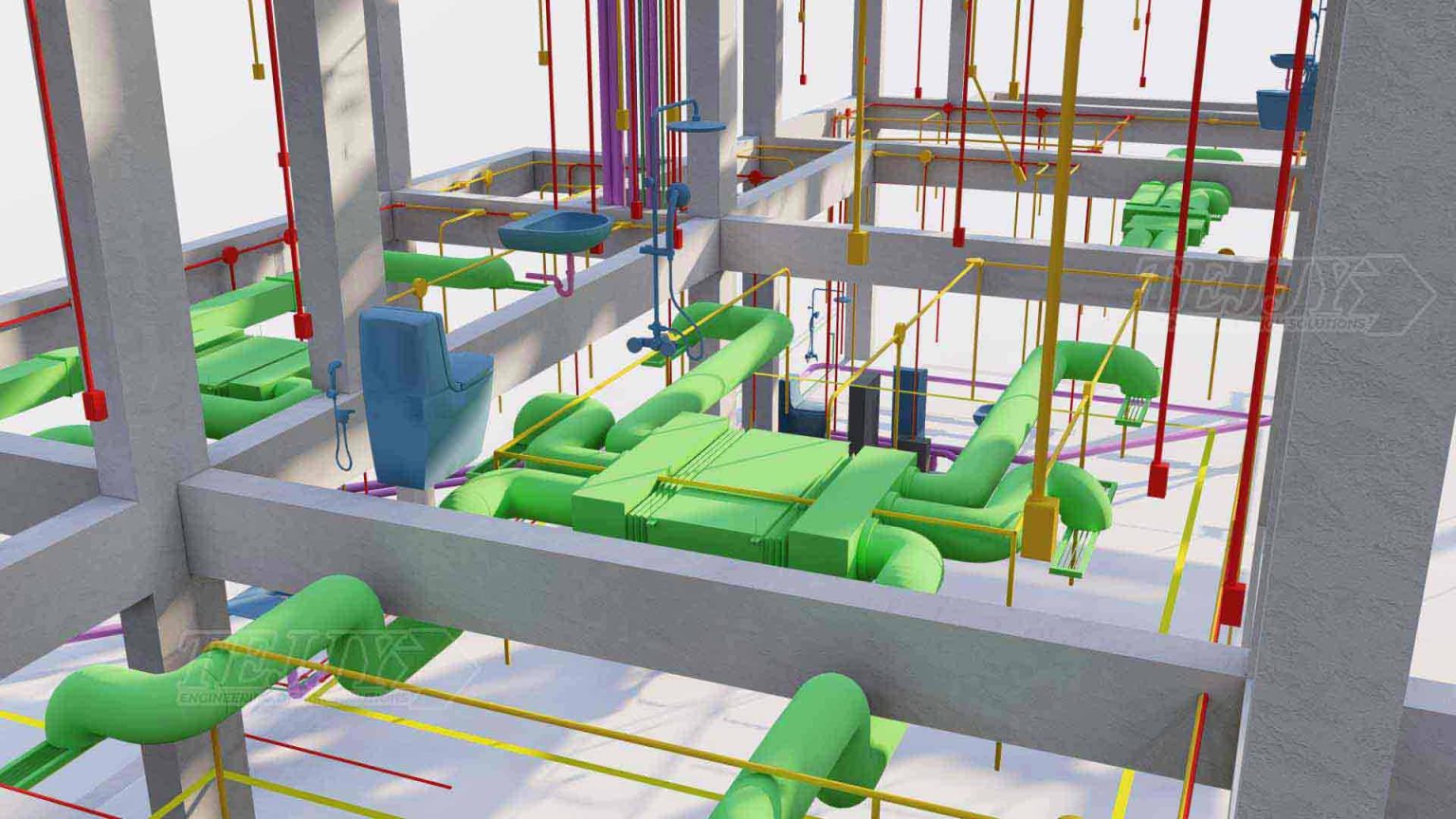 3D coordination view of HVAC, plumbing, and fire protection systems using MEP BIM modeling services in a multi-story building structure in NYC.