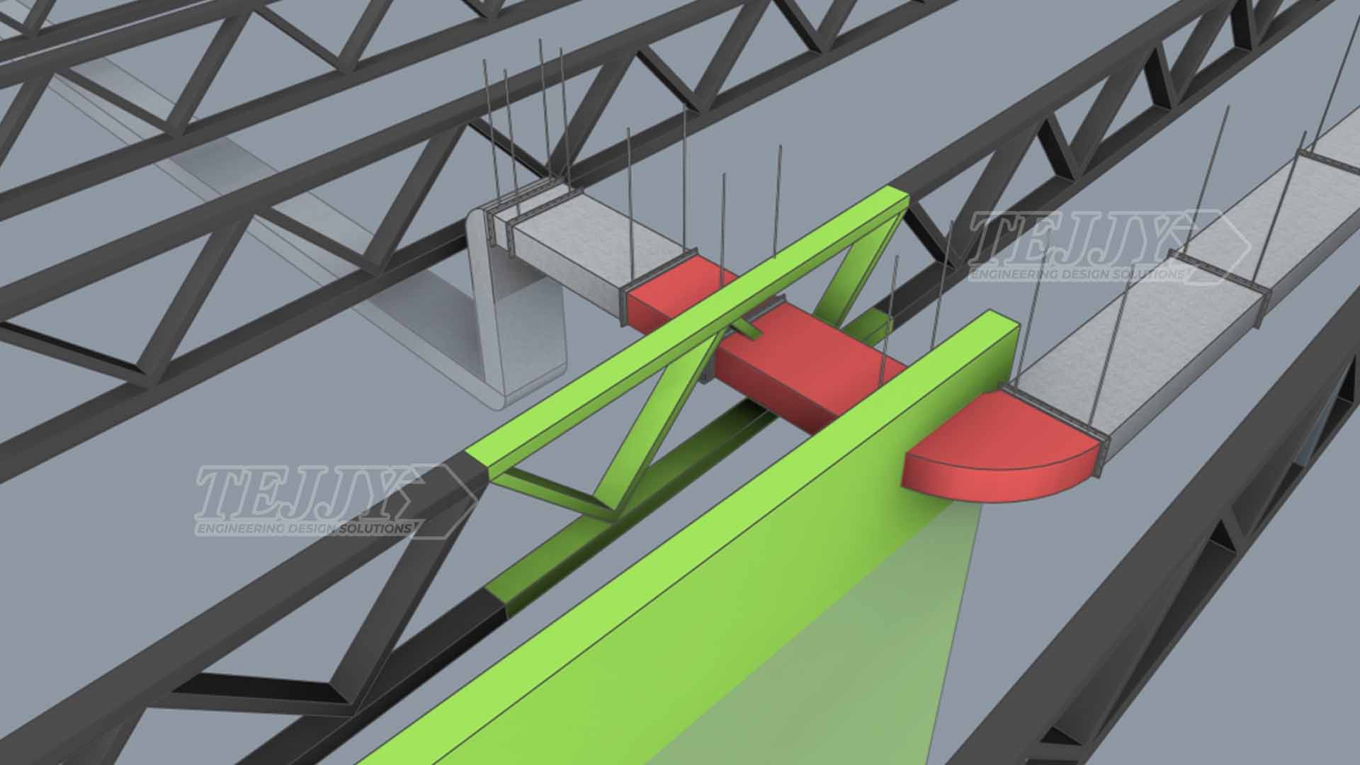 3D BIM model showing coordinated MEP systems passing through structural steel framing, with HVAC ductwork and concrete elements accurately aligned for clash detection and resolution by Tejjy Inc.