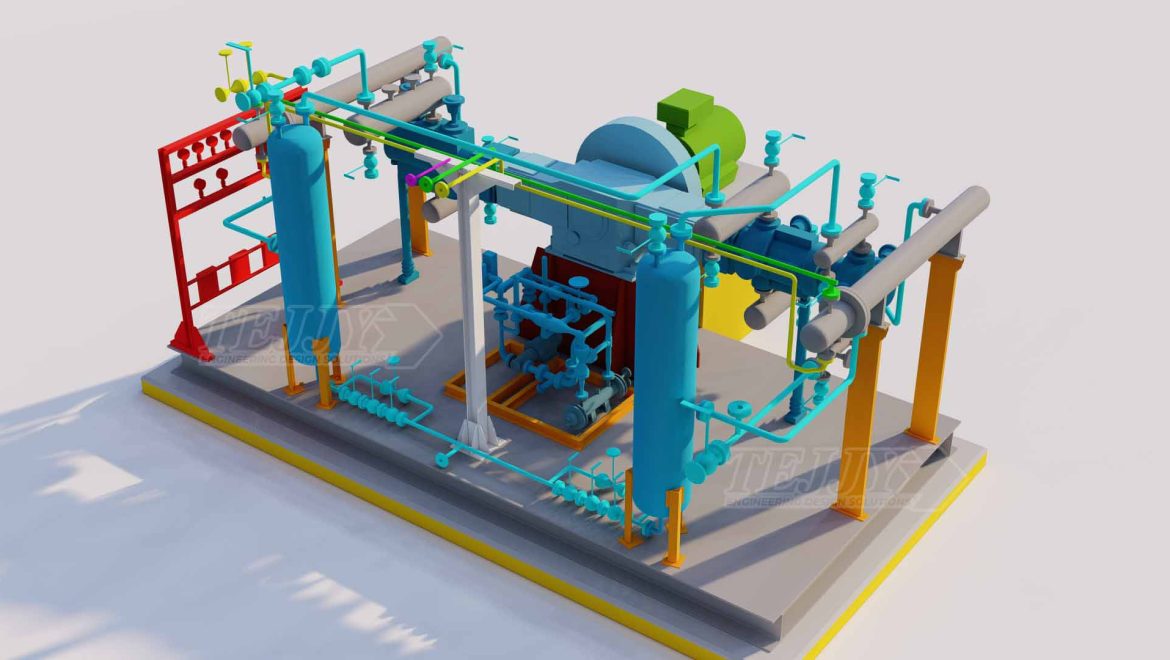 MEP services rendering of prefabricated skid unit with mechanical and plumbing components in a BIM environment.