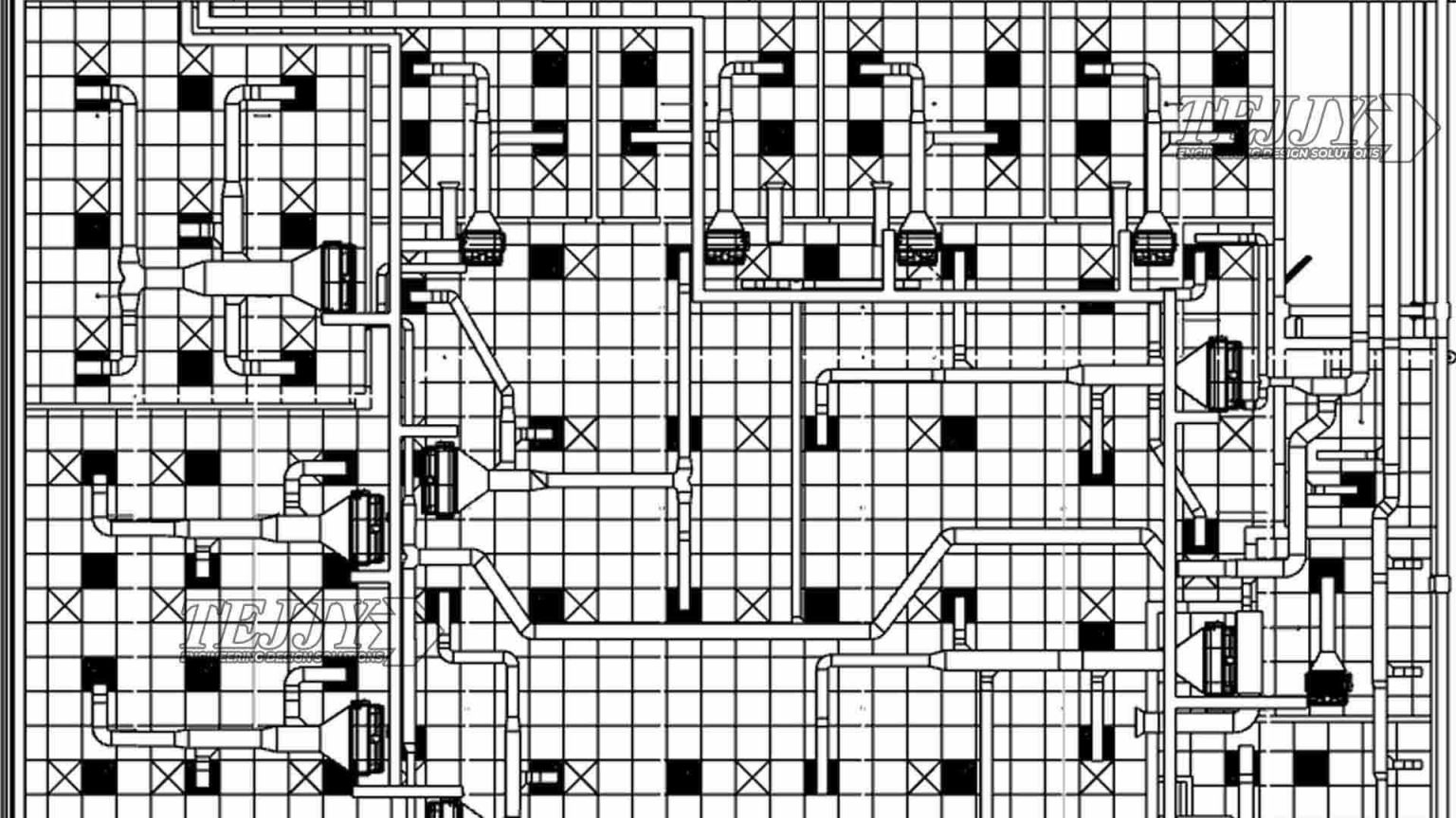 HVAC layout plan showing detailed ductwork and mechanical components for MEP services coordination by Tejjy Inc.