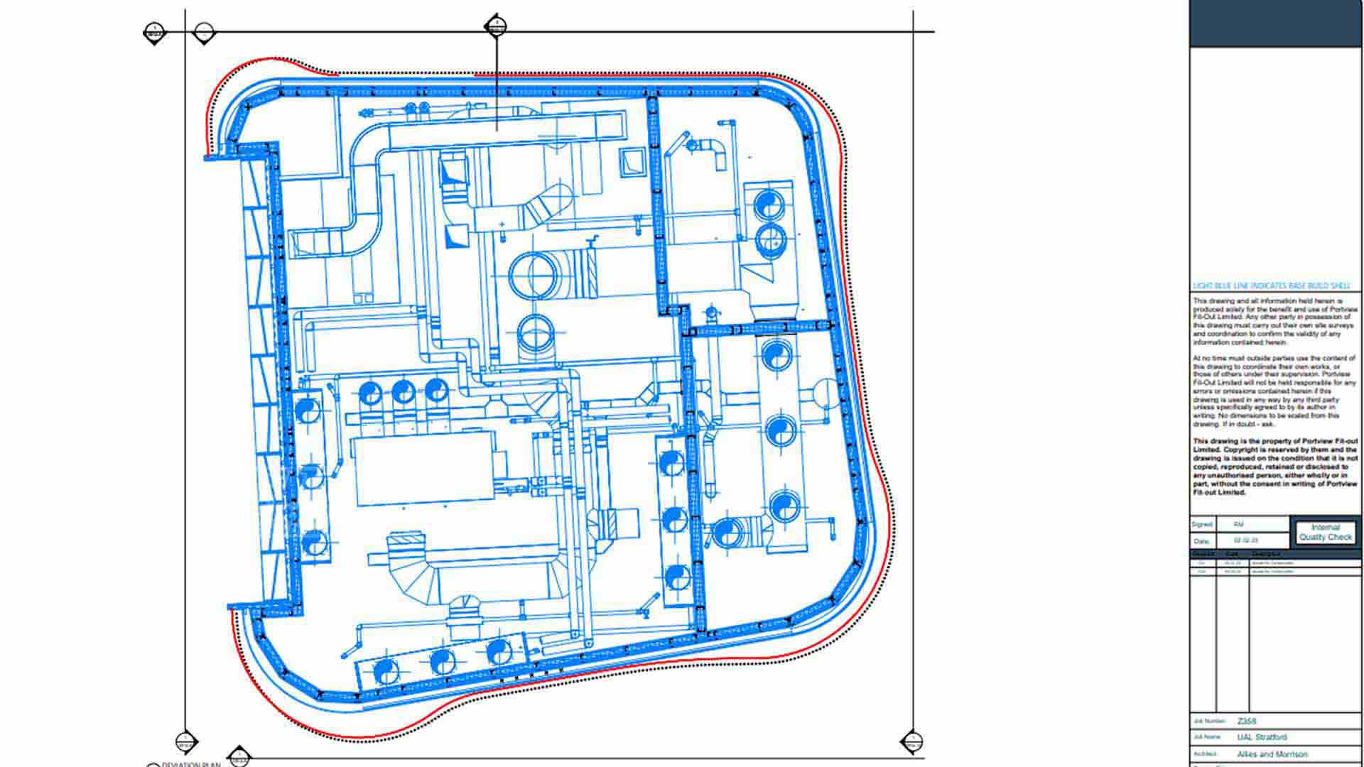 Tejjy MEP shop drawing of mechanical room with ducts, pipes, and HVAC systems outlined in blue with red boundary.
