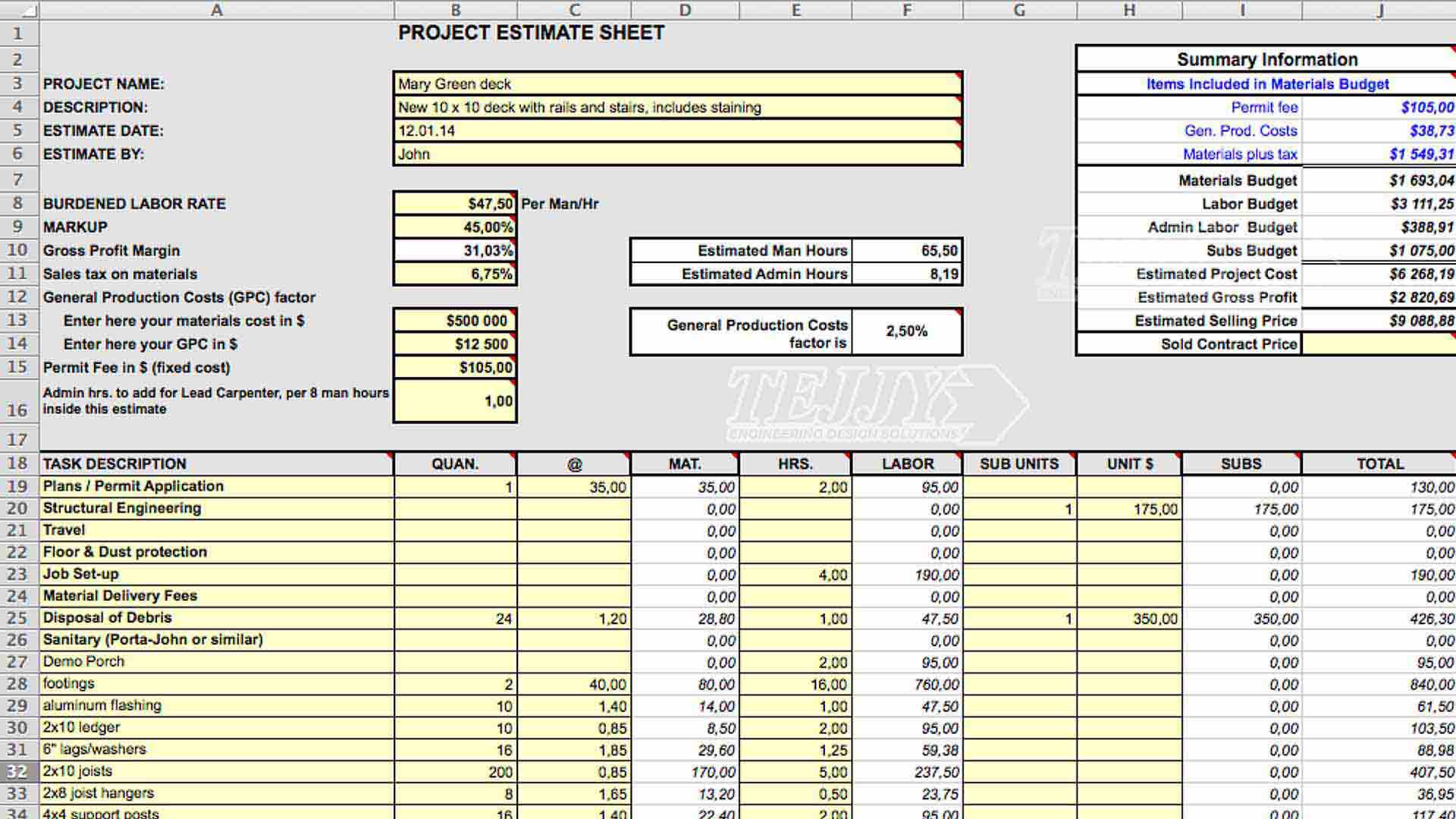 Tejjy MEP cost estimation sheet showing labor rates, material costs, profit margin, and project budget breakdown.