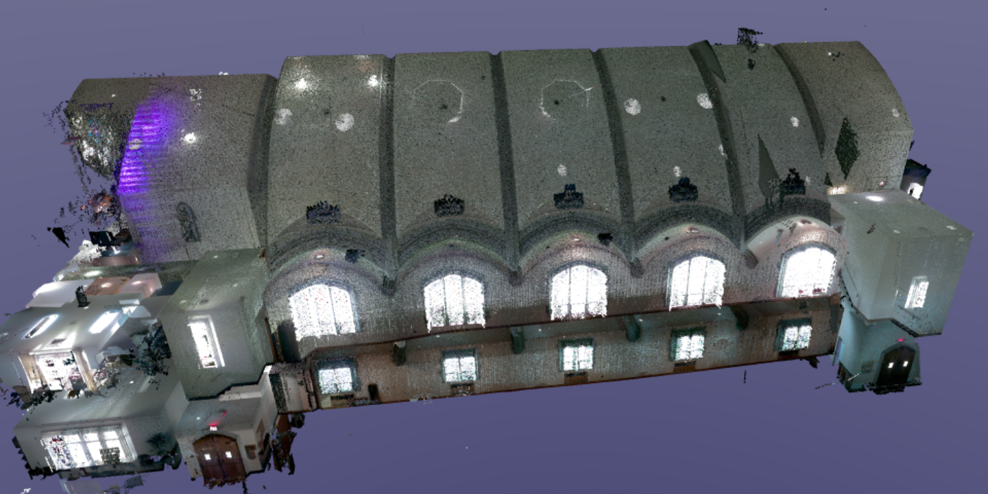 3D laser‑scanned point‑cloud view of the exterior of the 102‑year‑old Takoma Church in Maryland
