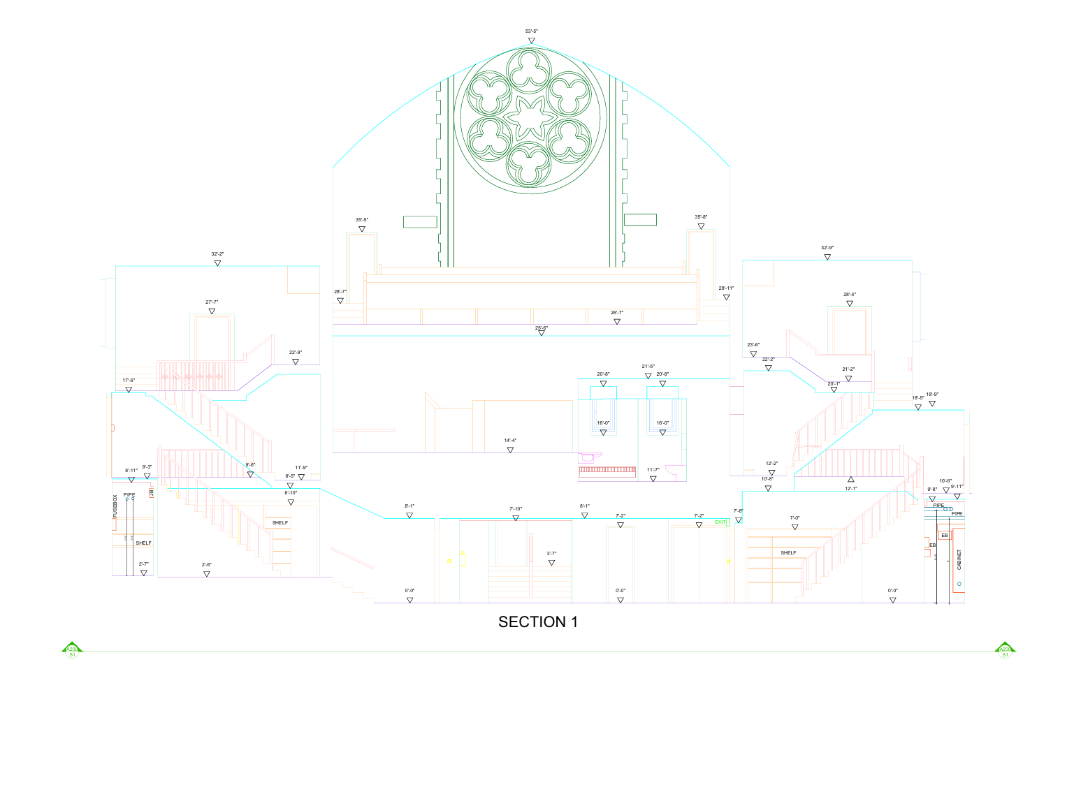 Heritage church sectional drawing captured with 3D laser scanning for Takoma Church preservation