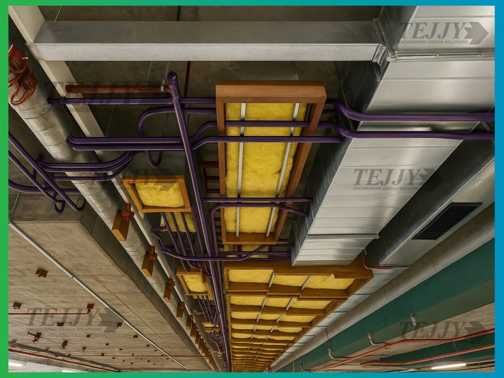 BIM model showing detailed HVAC and MEP coordination in a building ceiling infrastructure