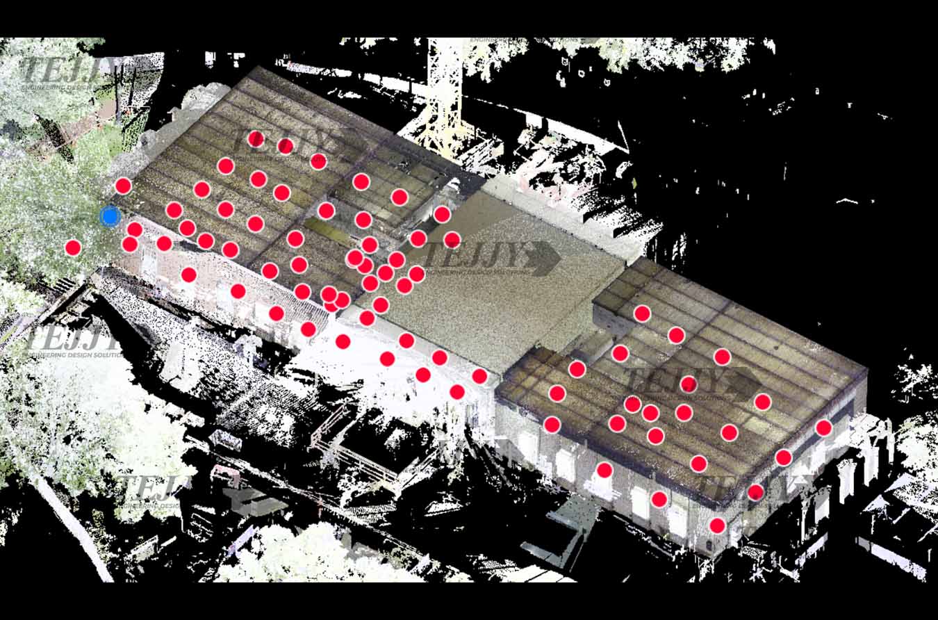 Exterior point‑cloud of Milton Eisenhower Library, JHU, with blue scan target markers around façade for renovation documentation.