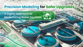 Water and Wastewater Infrastructure Upgrades: The Role of 3D Modeling, featuring digital engineering visuals, treatment plant elements, and BIM graphics by Tejjy Inc.